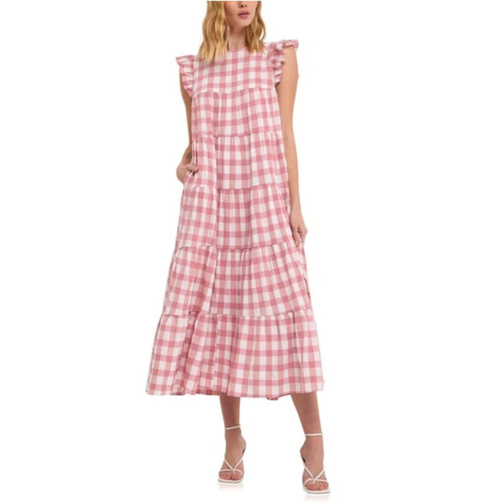 English Factory - Baby Doll Shift Dress, Pink Gingham, Plaid (XS)